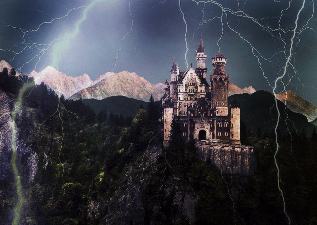 A dramatic scene features an artistic, man-made castle perched on a rocky cliff, illuminated by lightning, with majestic mountains in the background, creating an enchanting atmosphere.
