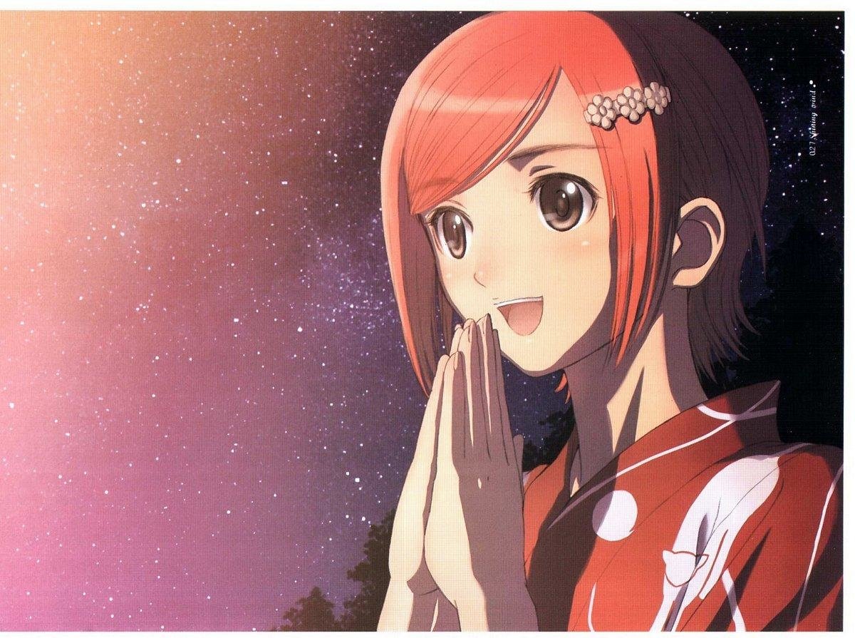 Anime-style character from Shining Tears X Wind with red hair, wearing a red kimono, hands clasped, set against a starry night sky background.