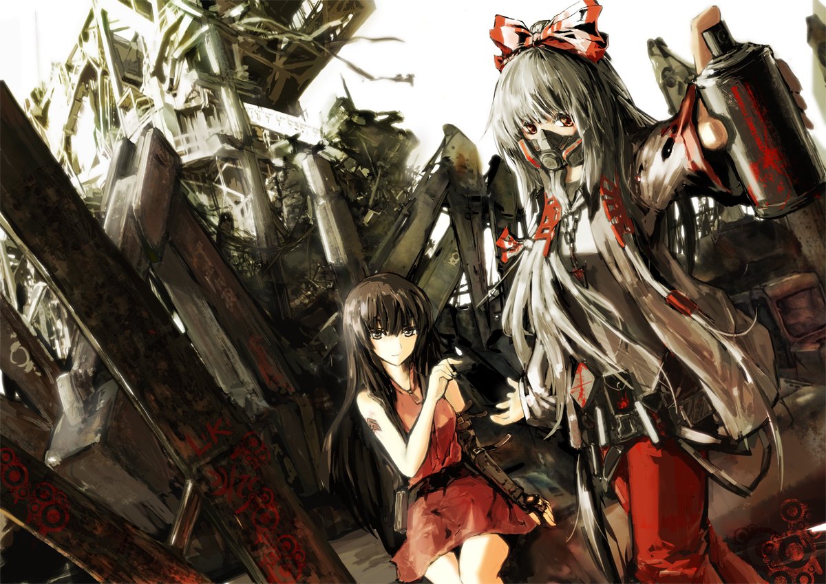 Kaguya Houraisan and Fujiwara no Mokou from Touhou stand amidst a dark, mechanical ruin, blending anime style with a dystopian atmosphere.