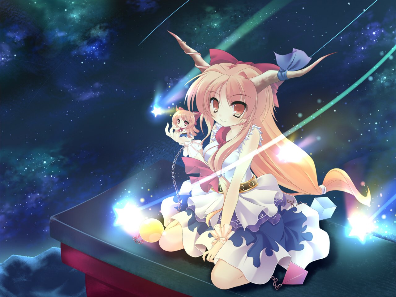 Anime-style depiction of Suika Ibuki from Touhou, sitting gracefully on a platform amid a glowing, starry night sky with sparkling light effects.