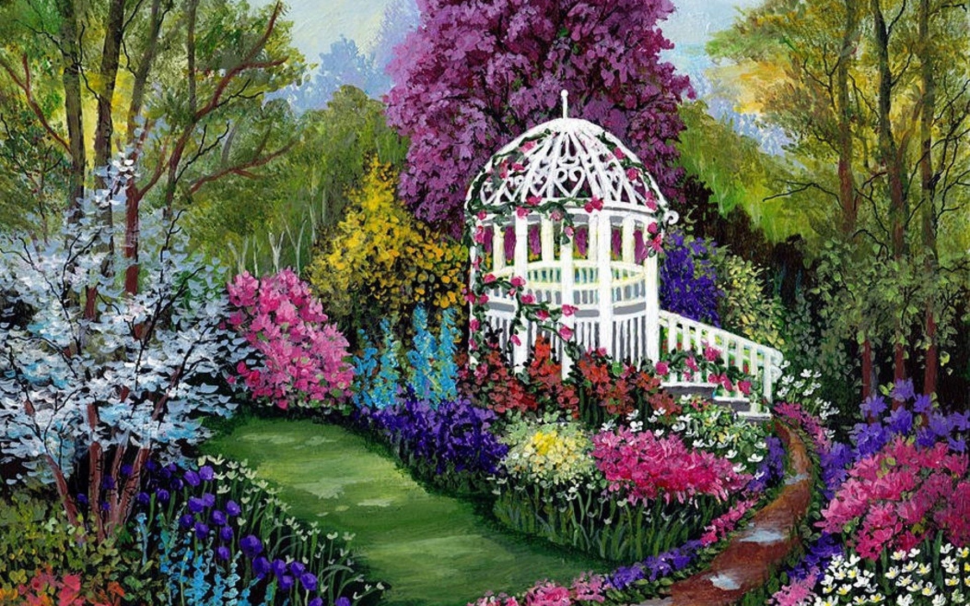 Download Colorful Gazebo Tree Flower Artistic Garden Image