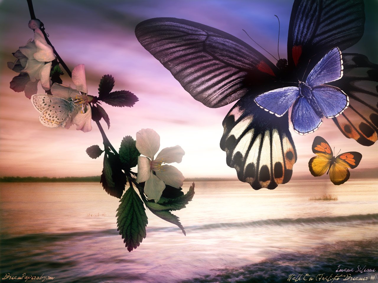 A stunning sunset scene features vibrant butterflies and delicate flowers near a tranquil body of water, showcasing the beauty of nature and the charm of these graceful animals.