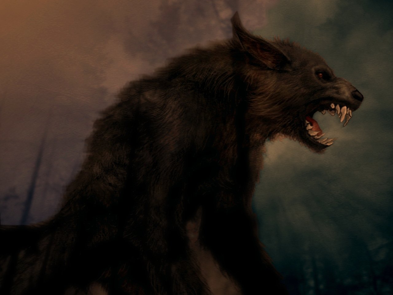 A dark, snarling werewolf with sharp teeth against a shadowy, ominous background.