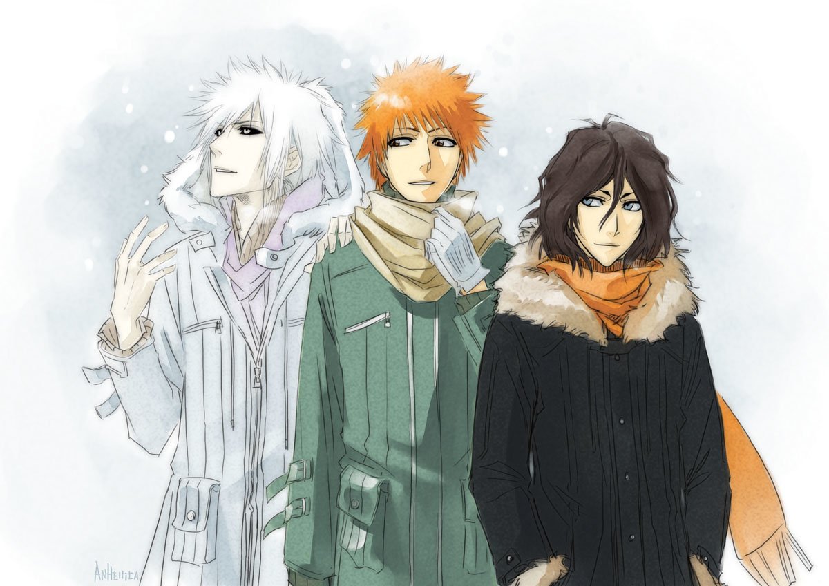Zangetsu, Shirosaki, and Ichigo Kurosaki from Bleach are depicted wearing stylish winter coats and scarves, set against a snowy background. Their distinct personalities shine through the art.