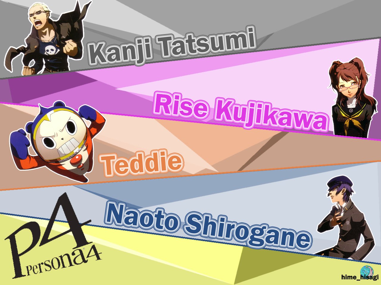 Persona 4 video game roster-style graphic showing Kanji Tatsumi, Rise Kujikawa, Teddie and Naoto Shirogane alongside the Persona 4 logo.