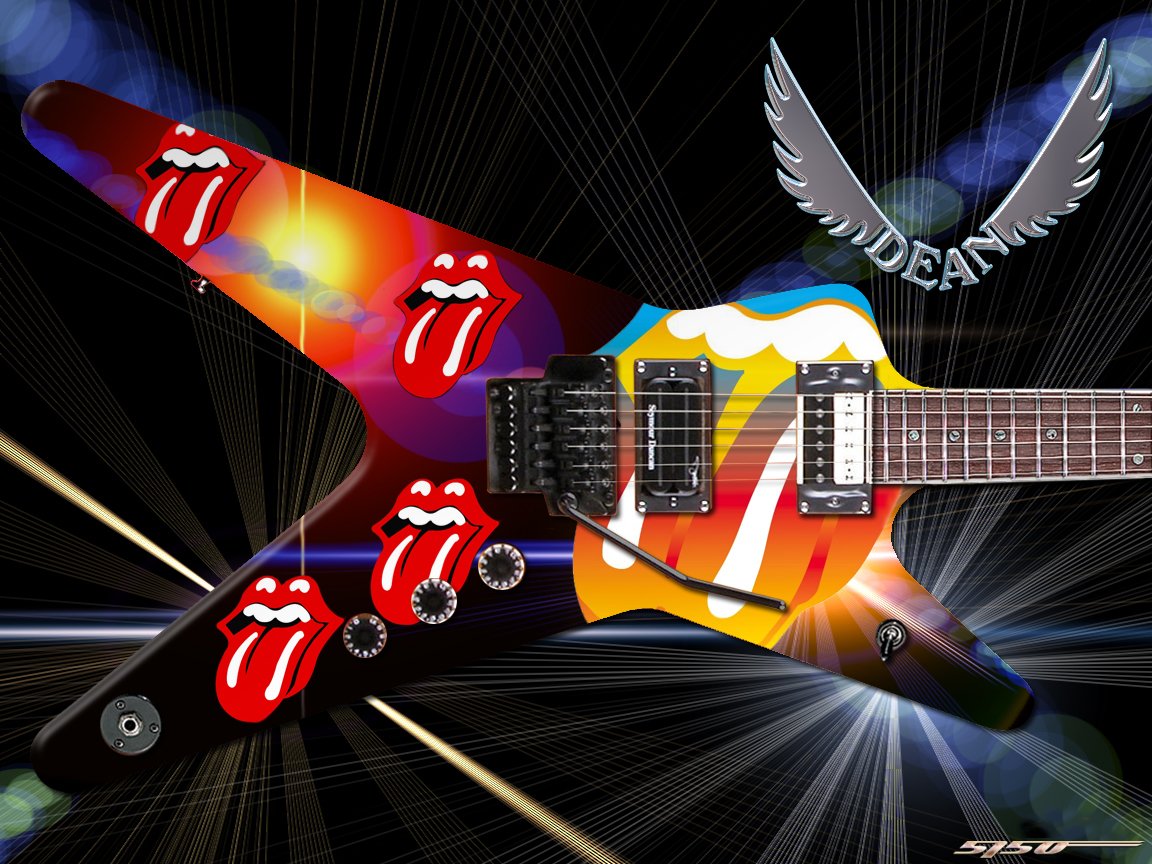 Electric guitar featuring The Rolling Stones’ iconic tongue logo and vibrant colors, set against a dynamic, radiant background with the DEAN brand emblem.
