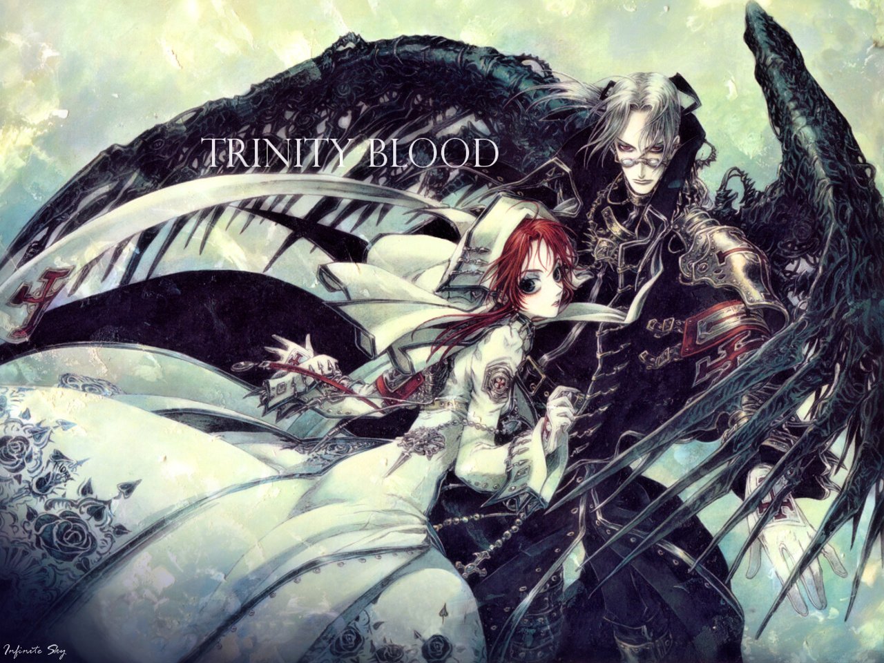 A striking anime scene from *Trinity Blood*, featuring a character in a flowing white gown alongside a dark, enigmatic figure, set against a mystical background.