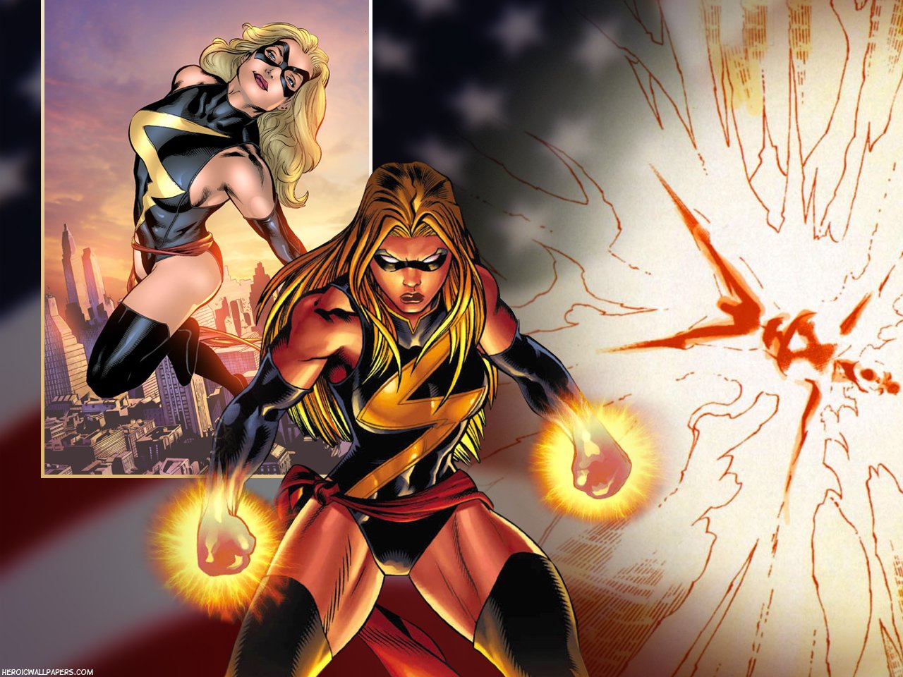 Comic depiction of Ms. Marvel in a black-and-gold costume, glowing energy orbs in her hands, with an inset close-up and a fiery explosion filling the background.