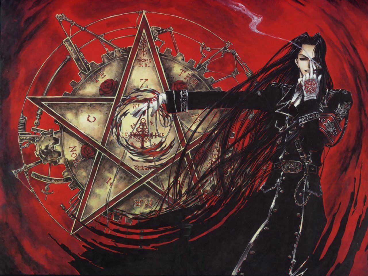 A character from the anime Trinity Blood stands confidently against a fiery red background, featuring a prominent pentagram and intricate mechanical designs.