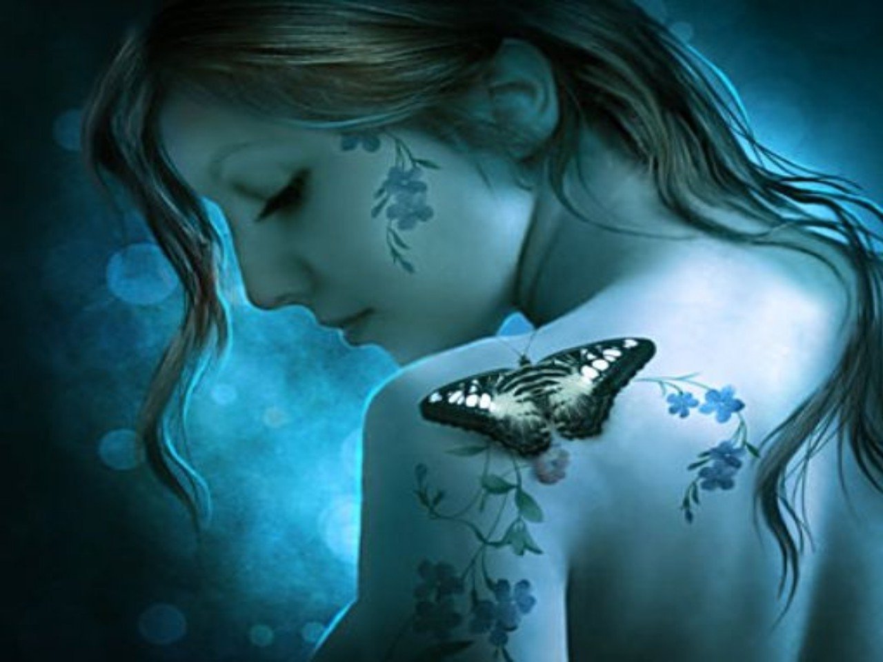 A fantasy-themed tattoo adorns a woman's back, featuring delicate flowers and a striking butterfly. The scene is illuminated with a magical, ethereal blue glow.