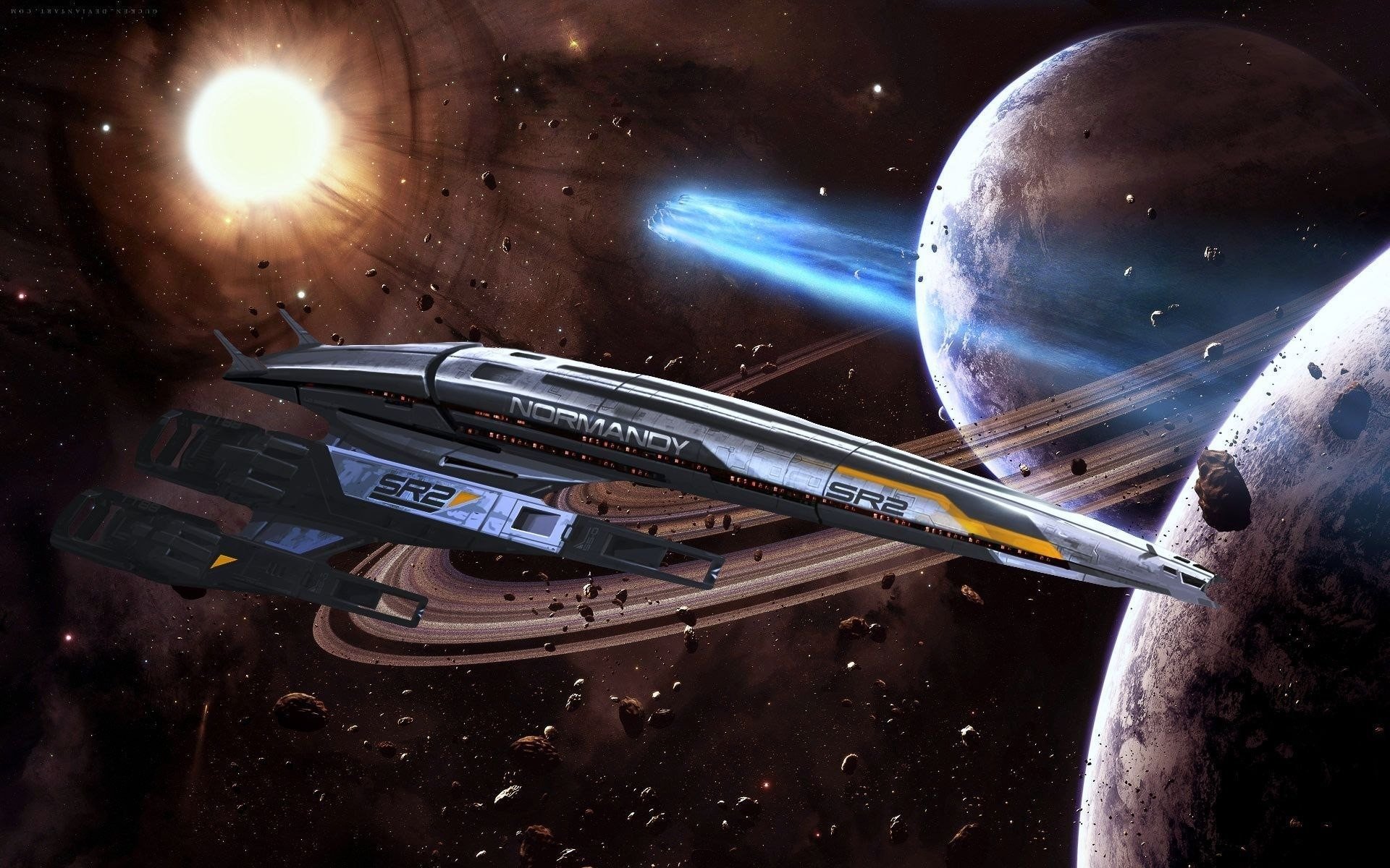 The Normandy SR-2 spaceship from the Mass Effect 3 video game is shown flying through space near planets and glowing stars.
