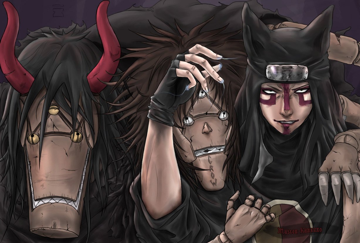Kankurō from Naruto stands confidently with two other characters, showcasing their distinct masks and outfits in this detailed anime artwork.