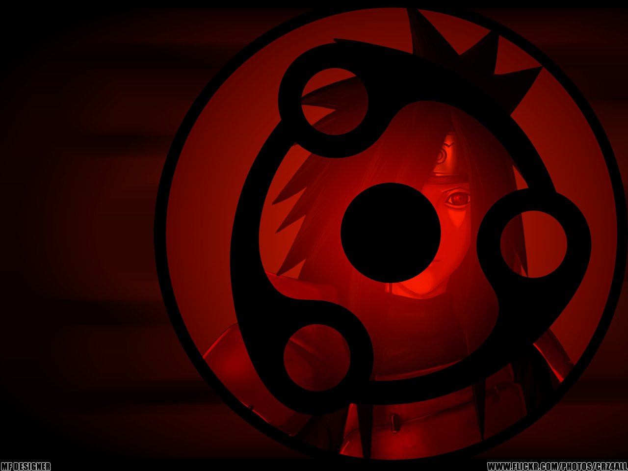 A striking image of Madara Uchiha from the anime Naruto, featuring a bold red background with a circular emblem, capturing the character's intense presence and iconic design.