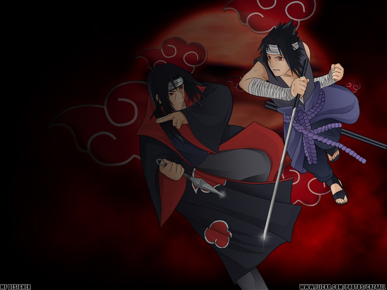 Itachi Uchiha and Sasuke Uchiha from the anime Naruto are depicted in a dynamic pose, set against a dramatic red background featuring iconic cloud patterns.