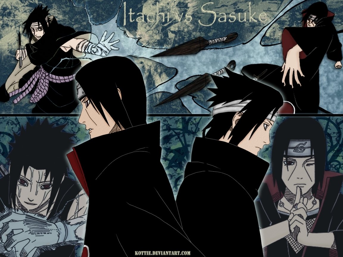 A dynamic collage featuring Itachi Uchiha and Sasuke Uchiha from the anime Naruto, depicting their intense confrontation with vivid expressions and action poses.