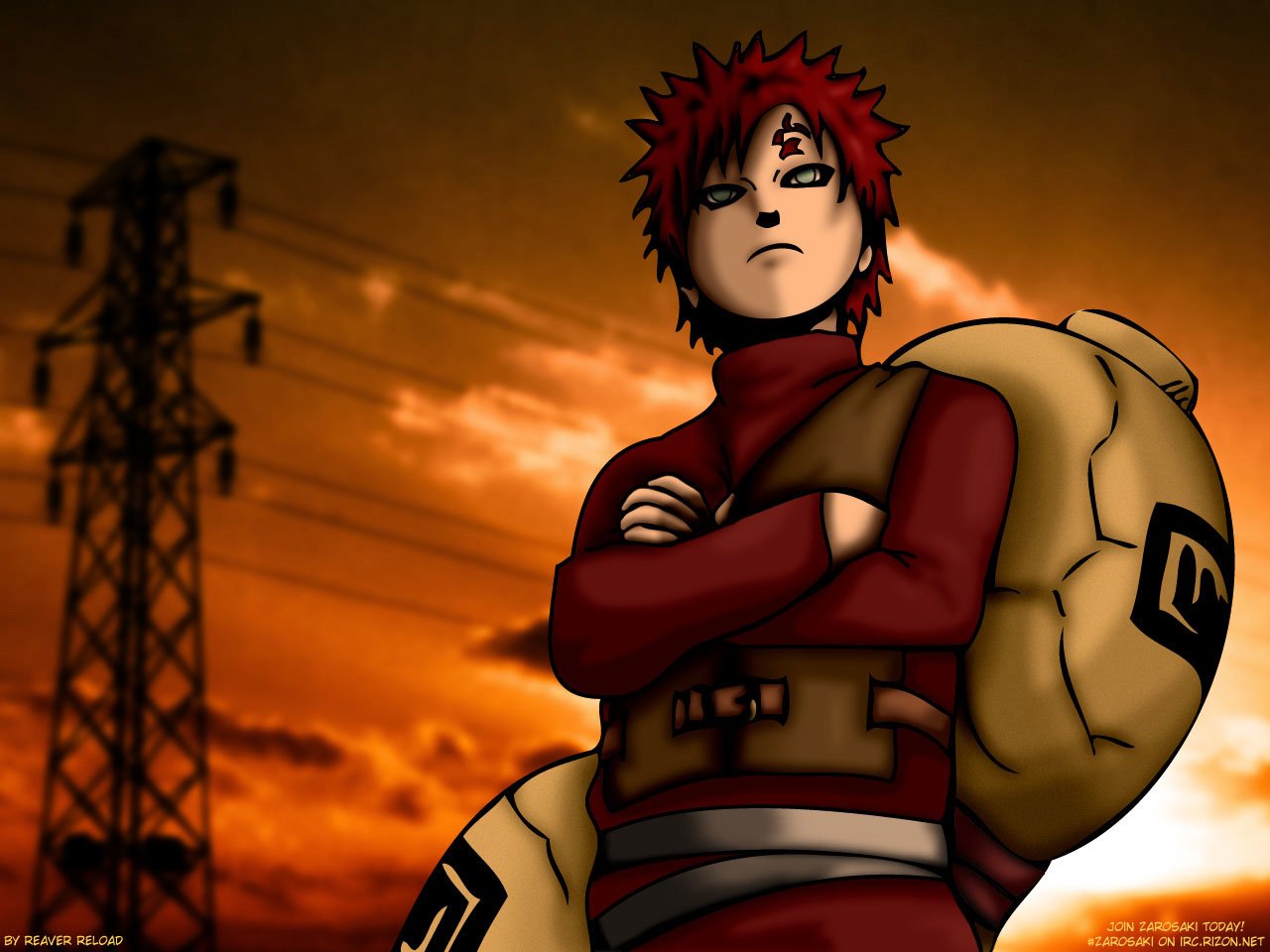 A confident Gaara from Naruto stands against a sunset backdrop, wearing his signature red outfit and holding a bag, embodying his powerful and determined character in the anime.