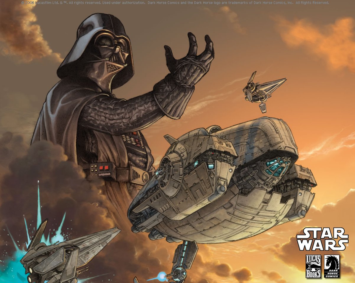 Darth Vader looms over starships in a dramatic Dark Horse Comics Star Wars scene, blending iconic characters and spacecraft against a fiery sky backdrop.
