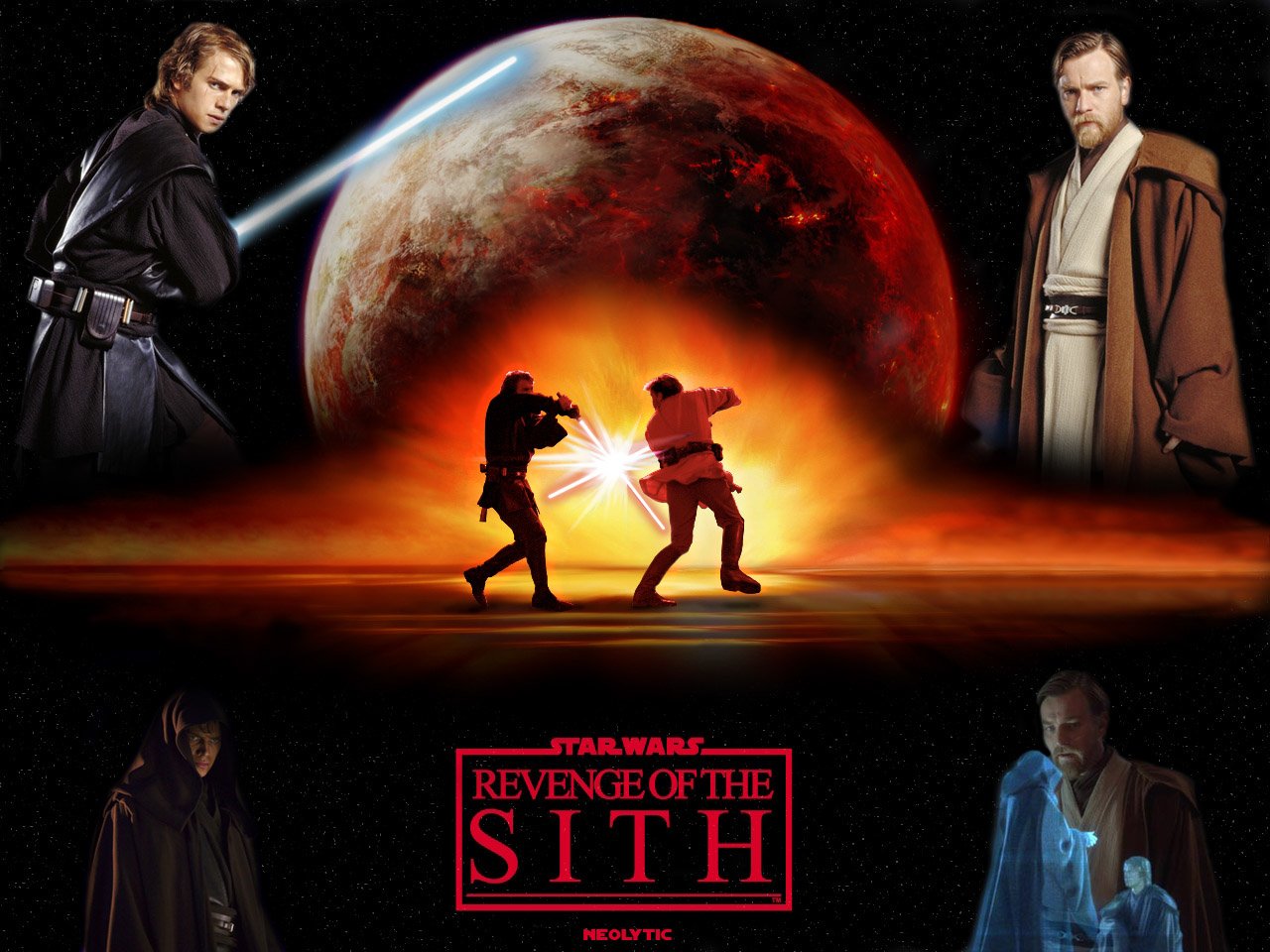 A dramatic scene from Star Wars Episode III: Revenge of the Sith, featuring Obi-Wan Kenobi and Anakin Skywalker in battle against a fiery backdrop, showcasing Hayden Christensen and Ewan McGregor.