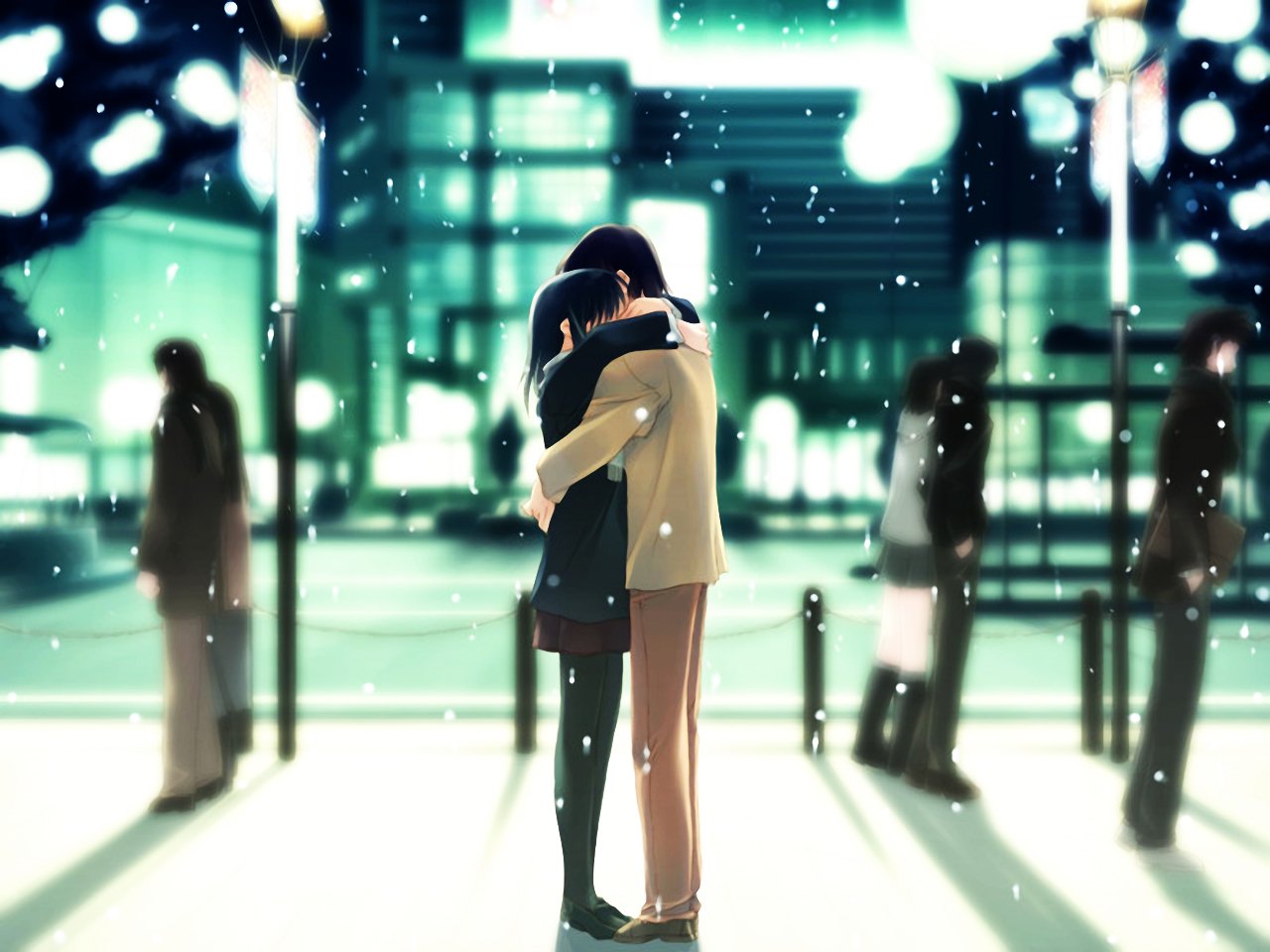 Anime scene from Tenshi no Inai 12-gatsu depicting two characters embracing in a softly lit, bustling urban setting with snow gently falling around them.