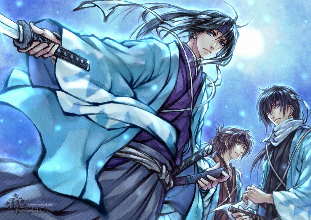 Anime-style illustration from Hakuouki Shinsengumi Kitan featuring three characters in traditional attire, with swords and a snowy, ethereal background.