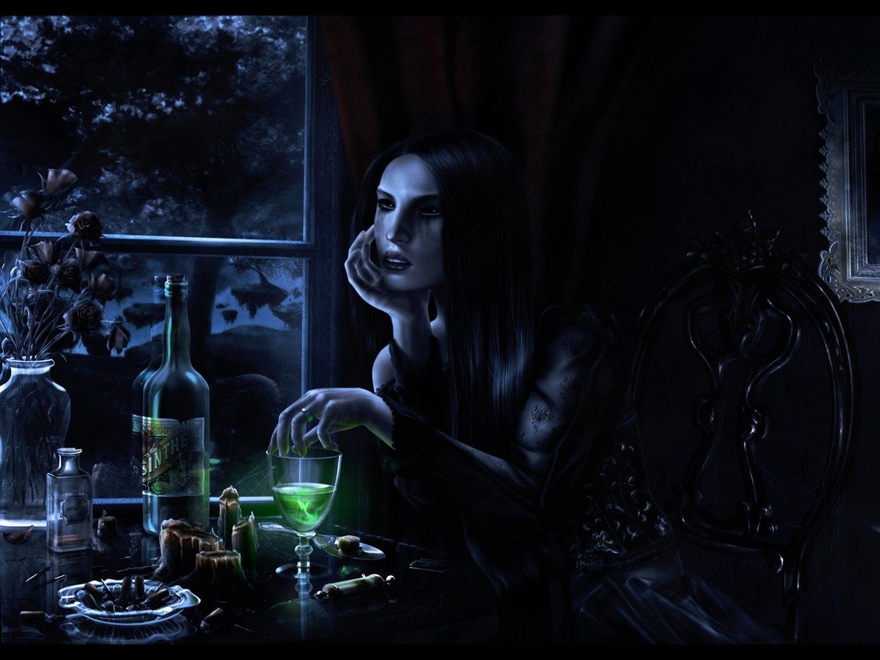 A dark, witch sits pensively at a dimly lit table, holding a glowing green drink, surrounded by eerie decor and a window showing shadows of night outside.