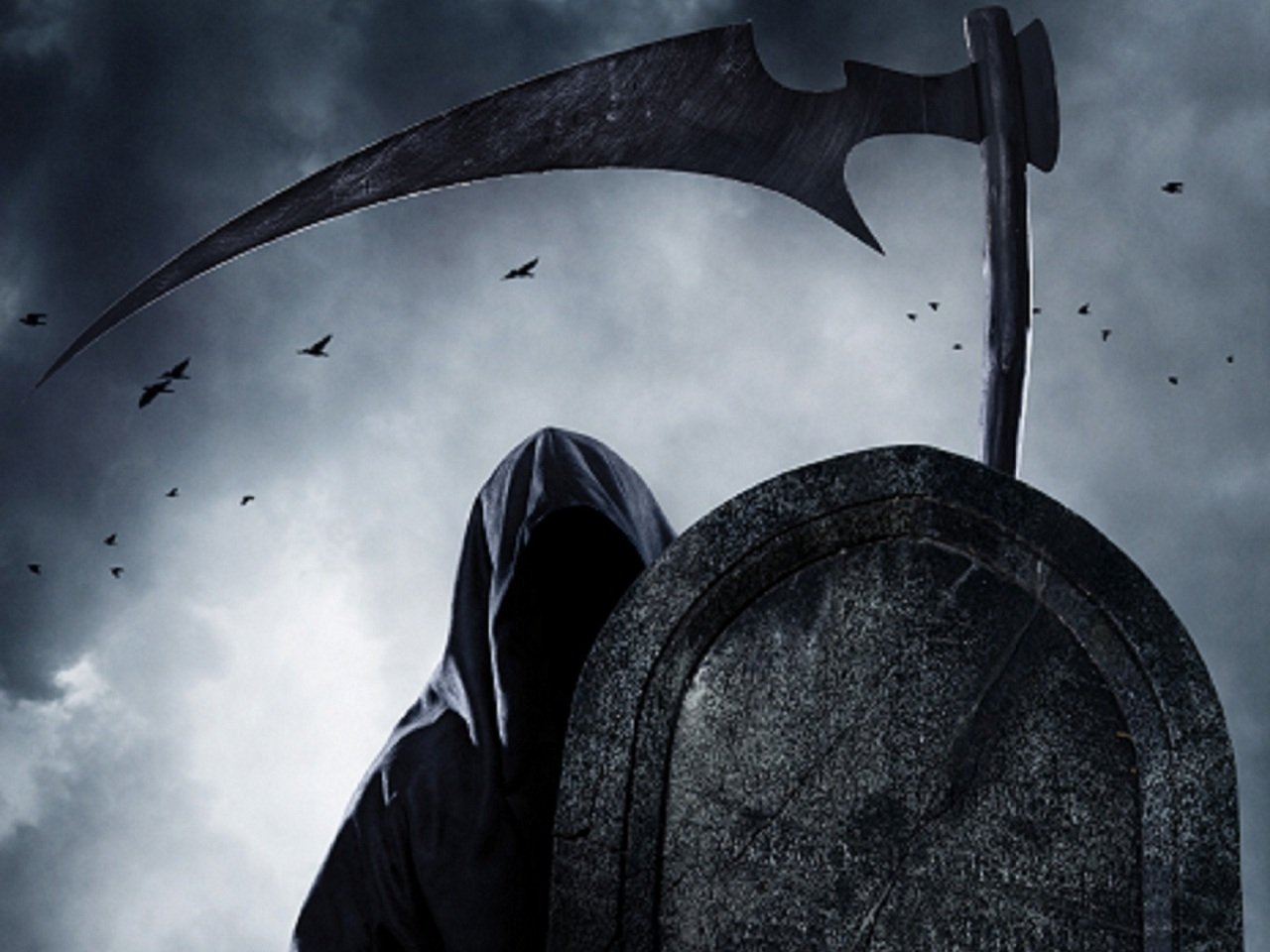 A dark, ominous scene featuring the Grim Reaper standing beside a gravestone under a stormy sky, with birds flying ominously in the background.