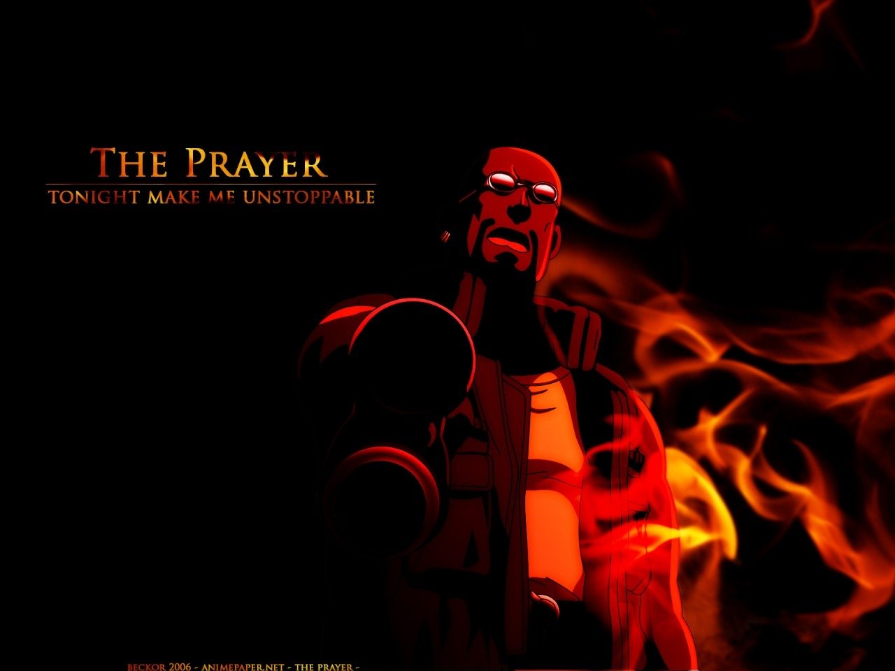 Anime Black Lagoon: red-lit, shadowed gunman points a pistol amid roaring flames; caption reads The Prayer — Tonight Make Me Unstoppable.