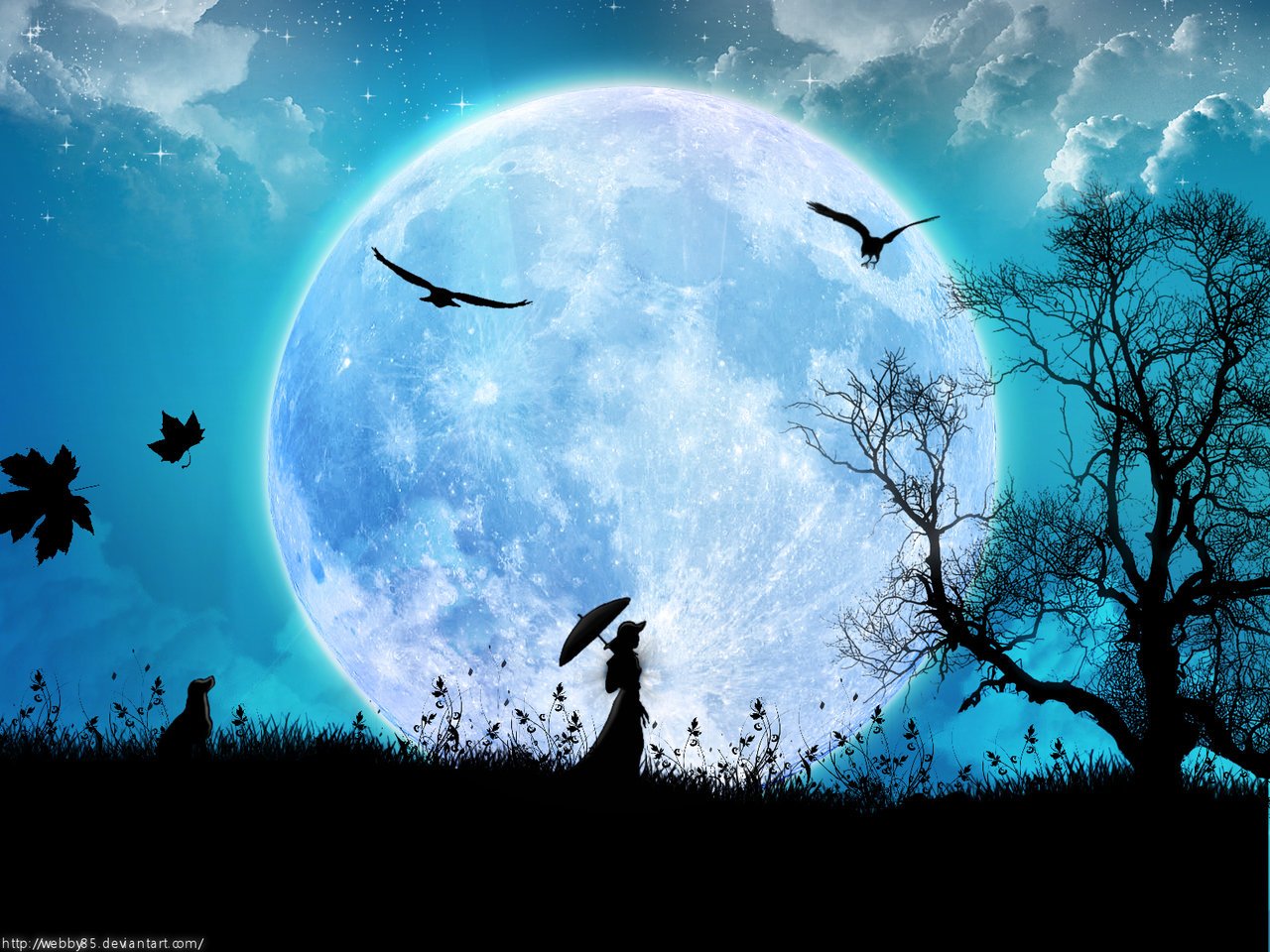 A silhouette of a woman with an umbrella stands in a grassy field under a large, luminous moon, surrounded by flying birds and a barren tree against a serene blue backdrop.