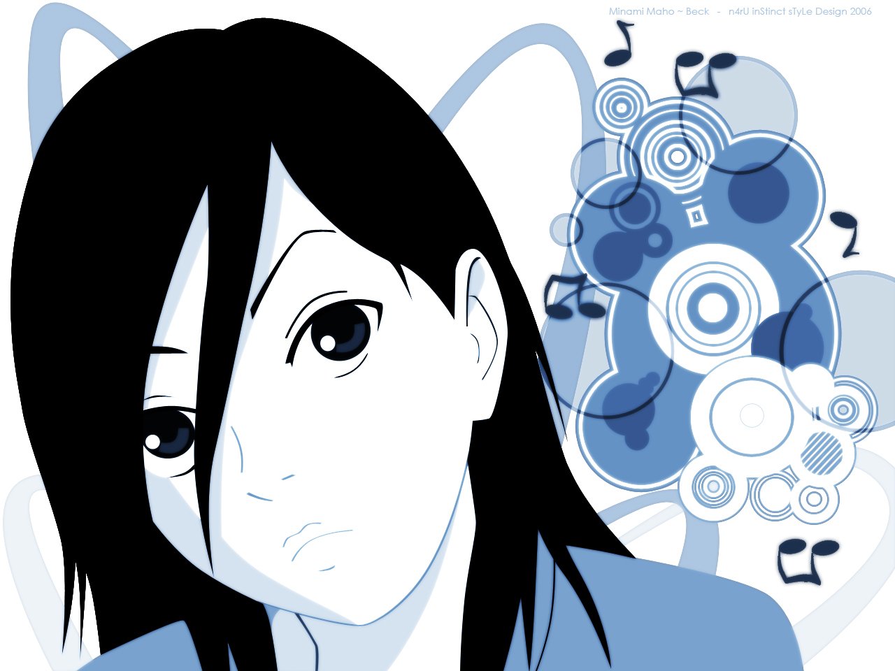 A striking anime-inspired illustration featuring a character with long dark hair, gazing thoughtfully, against a backdrop of abstract shapes and musical notes, tagged with Beck.