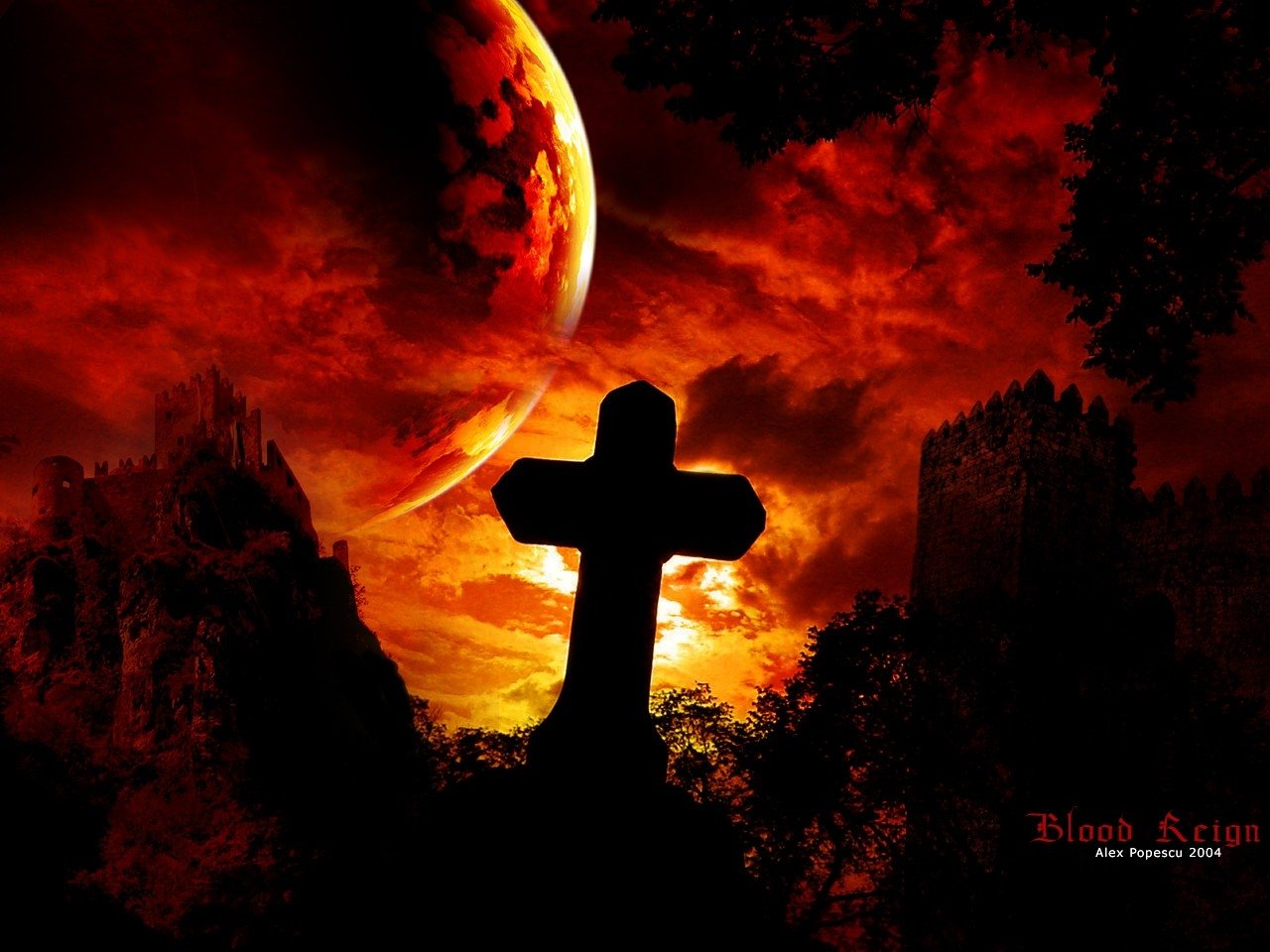 A dark, gothic landscape features a silhouetted cross against a fiery sunset, with a looming planet and shadowy castle ruins in the background, evoking a haunting atmosphere.