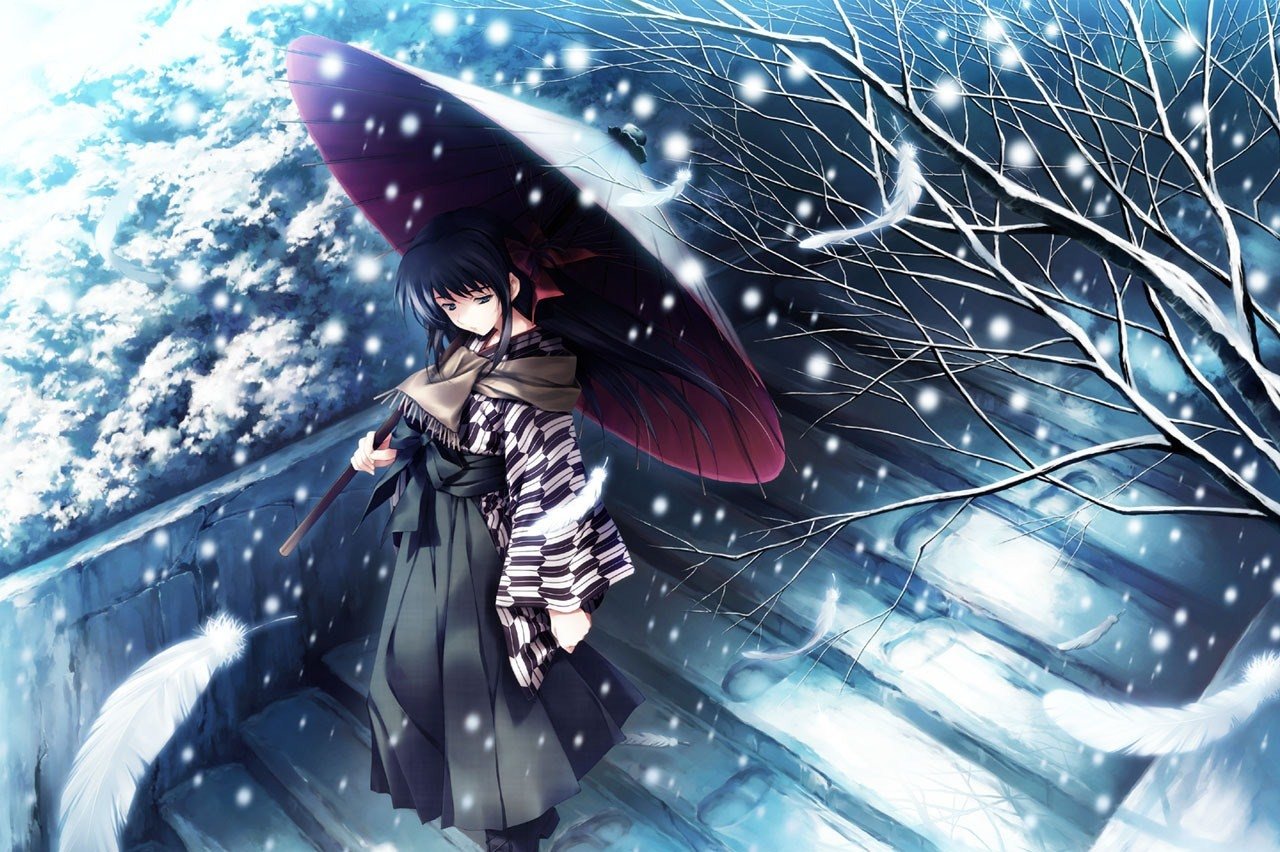Anime artwork by Innocent Grey featuring Kouzuki Kazuna standing on snow-covered steps, holding a traditional umbrella amidst falling snow and floating feathers.