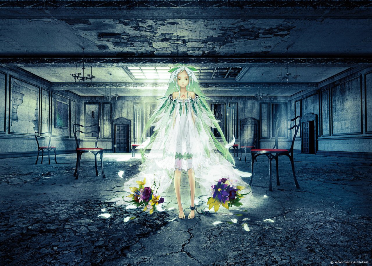 A serene anime character, reminiscent of Hatsune Miku, stands in a dilapidated room adorned with flowers, blending beauty and decay, capturing elements from Beatless.