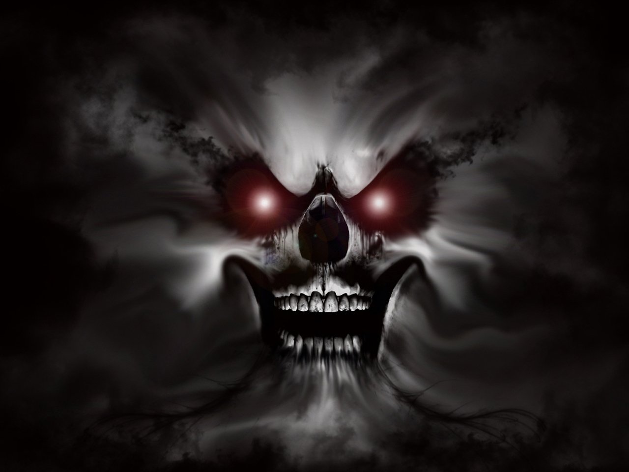 A dark, ominous skull emerges from swirling shadows, with glowing red eyes and a menacing grin, creating an eerie and haunting atmosphere.