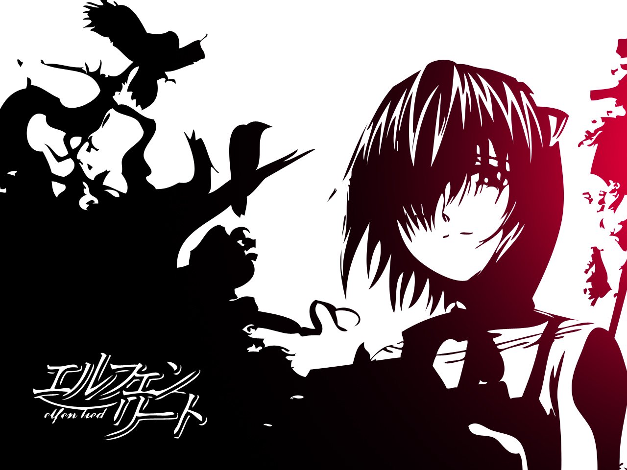 A character from the anime Elfen Lied stands in a stylized black-and-white scene, surrounded by dark silhouettes and abstract shapes, evoking themes of mystery and emotion.