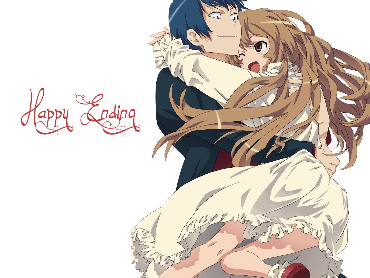 A heartwarming scene from the anime Toradora! features Taiga Aisaka joyfully embraced in a happy ending moment, showcasing her iconic look and emotional connection with the character.