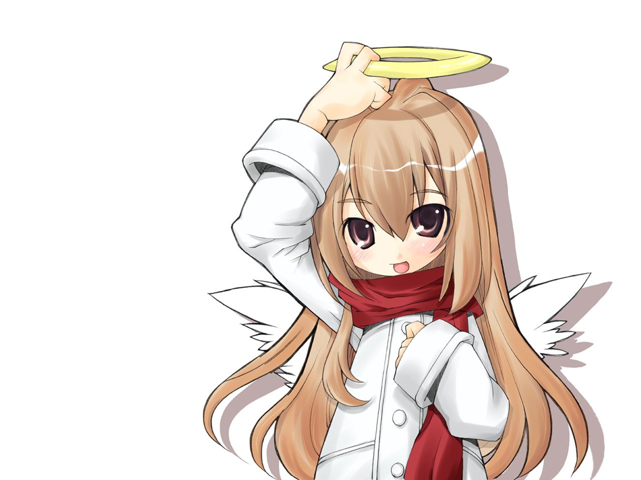 A character from the anime Toradora! playfully holds a halo above her head. She has long, light brown hair and wears a white coat with a red scarf, showcasing her angelic theme.