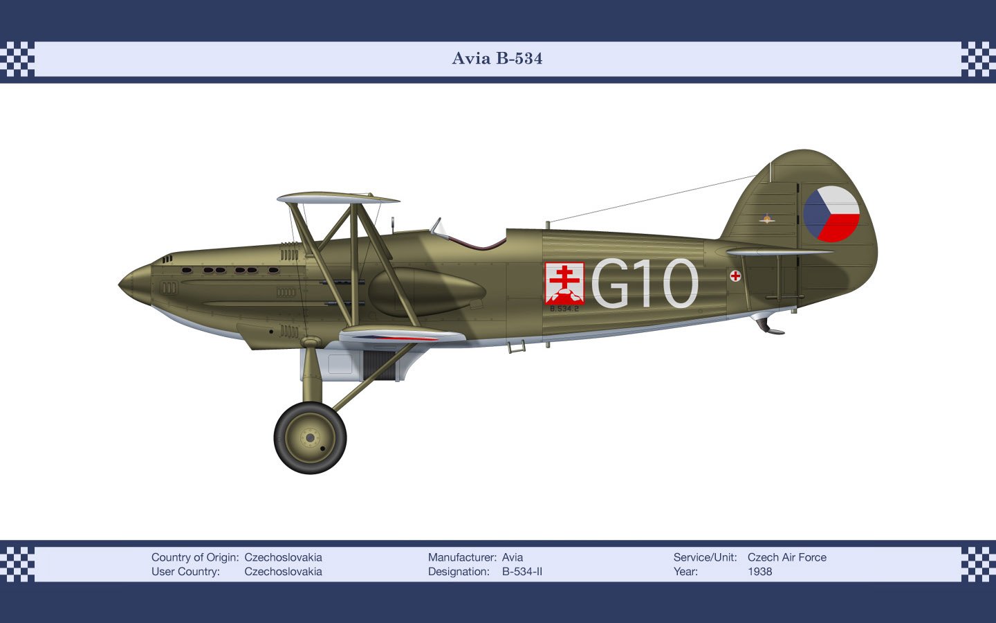 Illustration of a military Avia B-534 aircraft, featuring camouflage coloring and the designation G10, showcasing its design and historical significance.