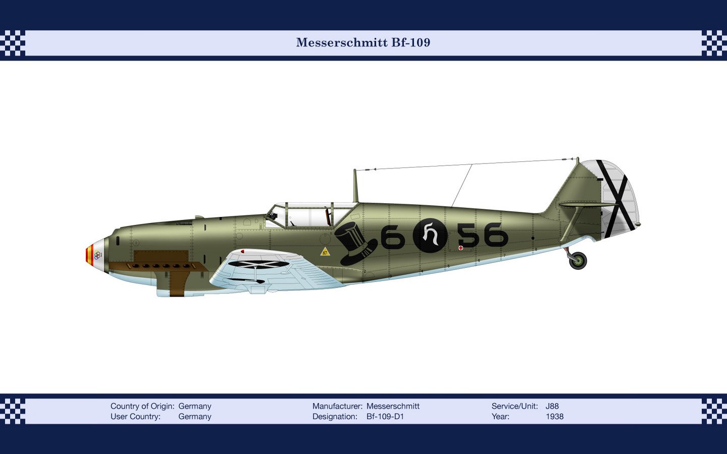A side view of a Messerschmitt Bf 109 aircraft, showcasing its distinct military design. The plane features a camouflage paint scheme and a clear identity number on the side.