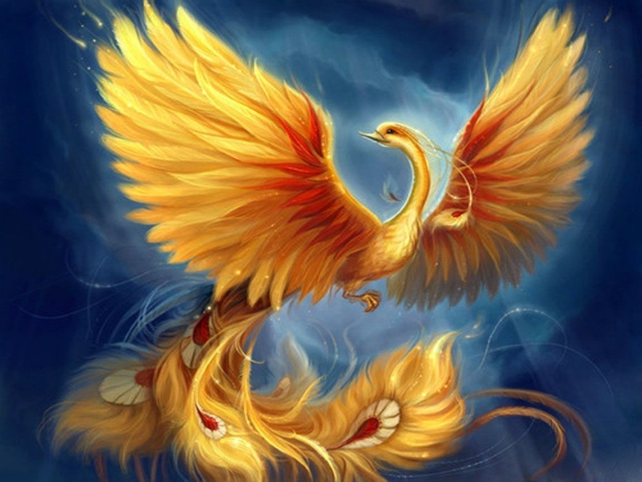 A majestic golden phoenix spreads its wings wide, surrounded by swirling blue tones, embodying the essence of fantasy and rebirth. 