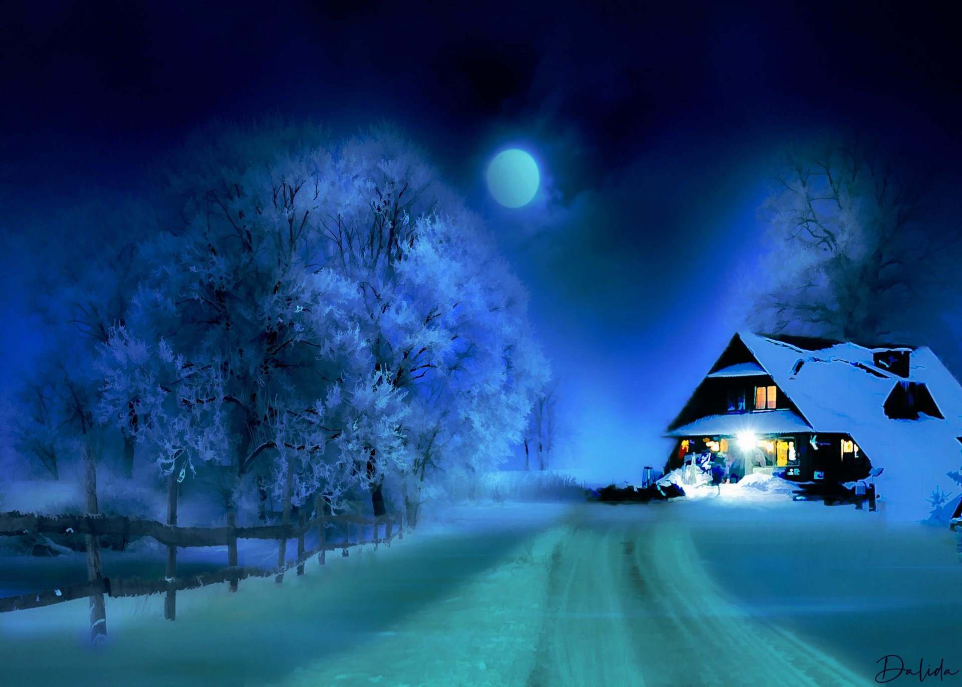 Full Moon over Snow-Covered Street Image - ID: 328188 - Image Abyss