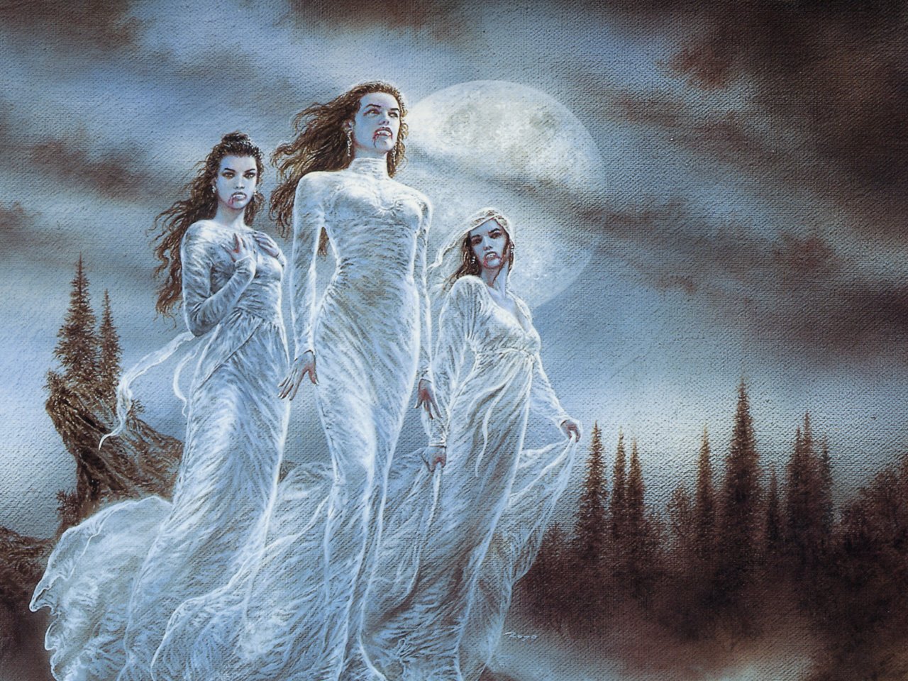 Three ethereal fantasy women in flowing white gowns stand against a moonlit, misty forest backdrop, evoking a mystical and otherworldly atmosphere.