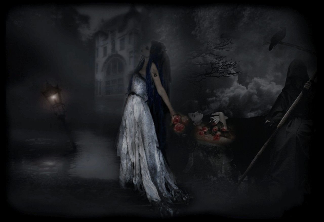 A dark, gothic scene with a ghostly figure in a tattered white dress holding a skull amidst a foggy, eerie landscape with a distant, shadowy castle and ravens overhead.