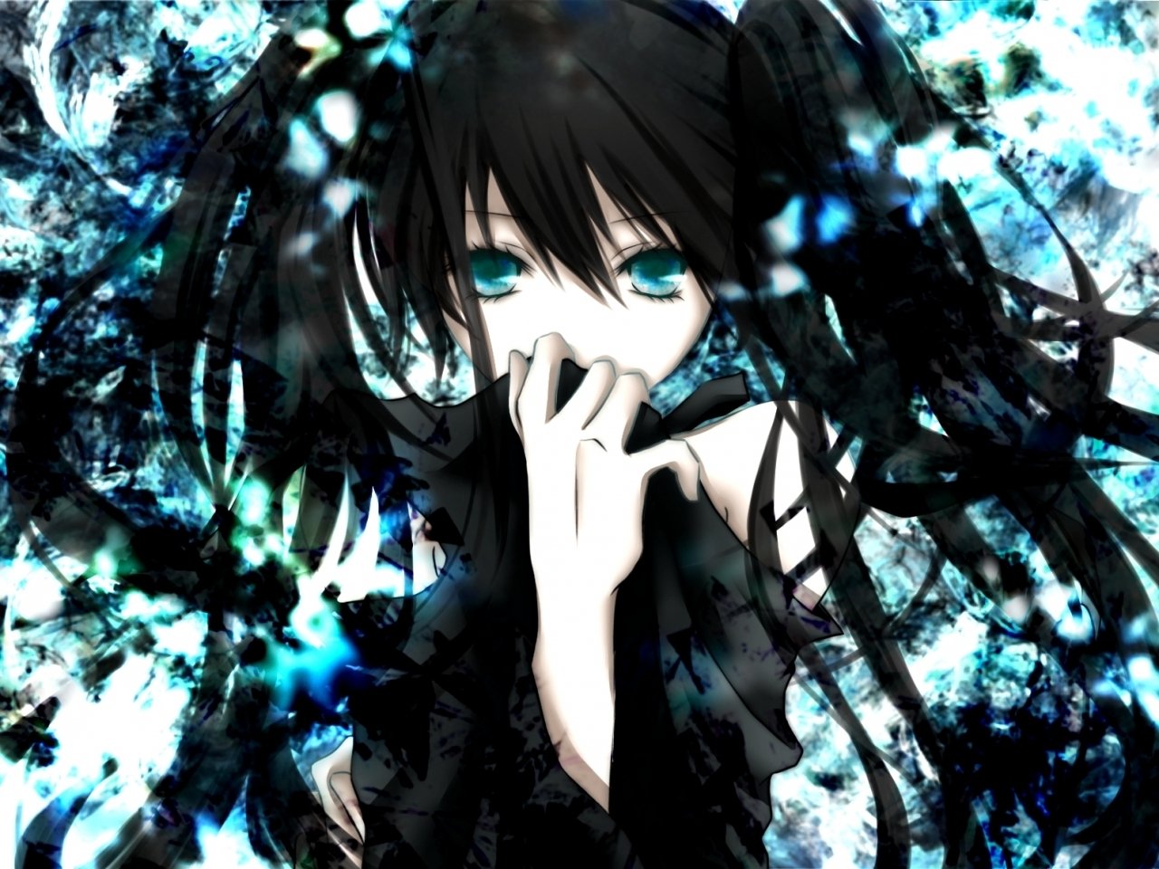 A character from the anime Black Rock Shooter, featuring a girl with long black hair and striking blue eyes, surrounded by a swirling abstract background in dark and vibrant hues.