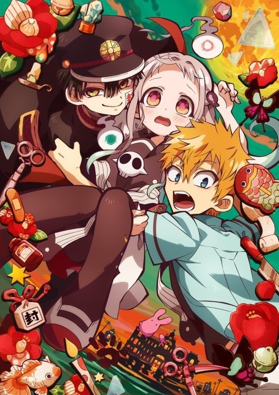 Anime art from Toilet-bound Hanako-kun: Hanako in a black cap, white‑haired Nene and blond Kou clustered amid colorful charms, flowers and ghostly trinkets.
