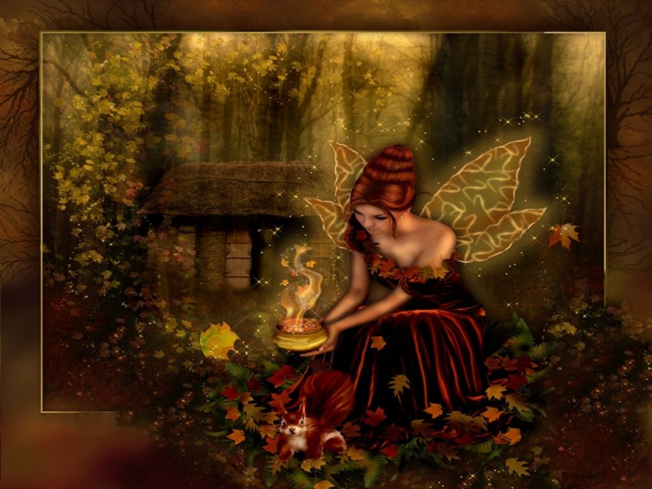 A fairy with intricate wings sits among colorful autumn leaves, stirring a magical concoction, with a cozy cottage nestled in a mystical forest background.