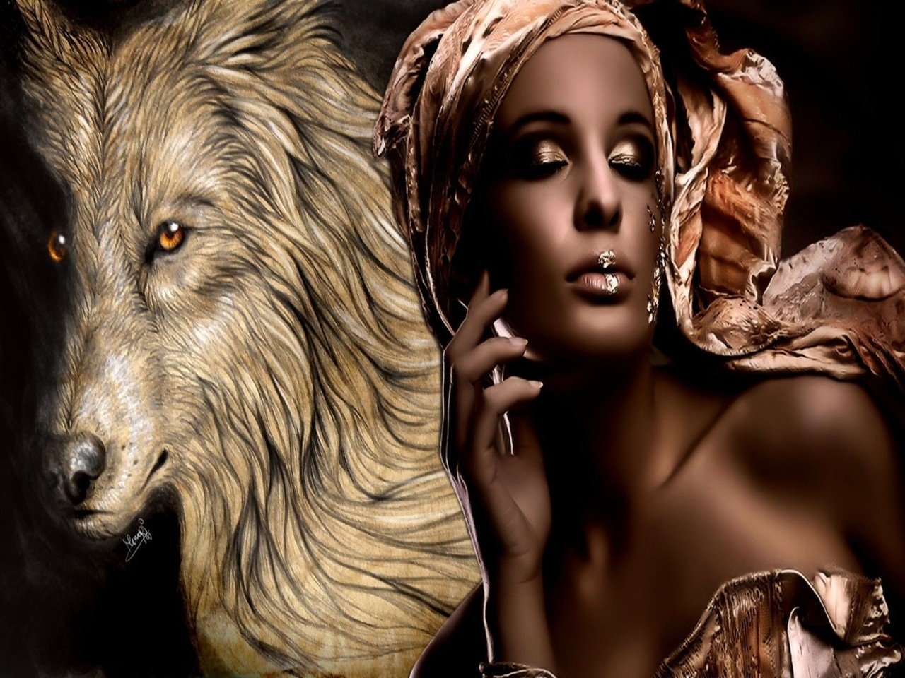 Artistic image showcasing a strong contrast between a majestic wolf and a woman adorned with shimmering makeup and a textured headscarf.