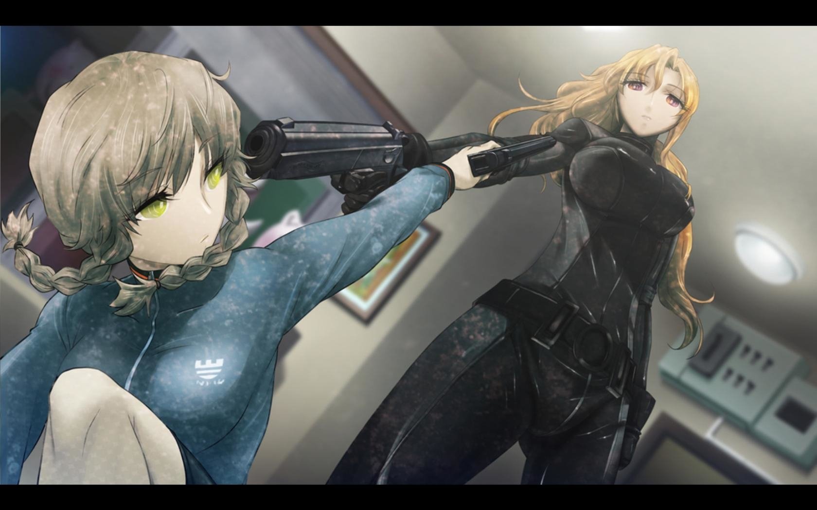 Moeka Kiryū and Suzuha Amane from the anime Steins;Gate are depicted in a tense moment, with Moeka aiming a gun while Suzuha stands confidently in a tactical outfit.