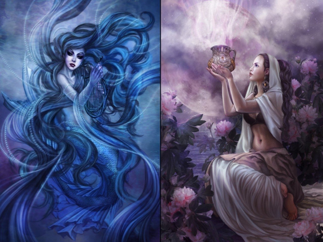 Artistic image featuring a flowing blue mermaid on the left contrasted with a serene woman in white robes holding a glowing vessel on the right.