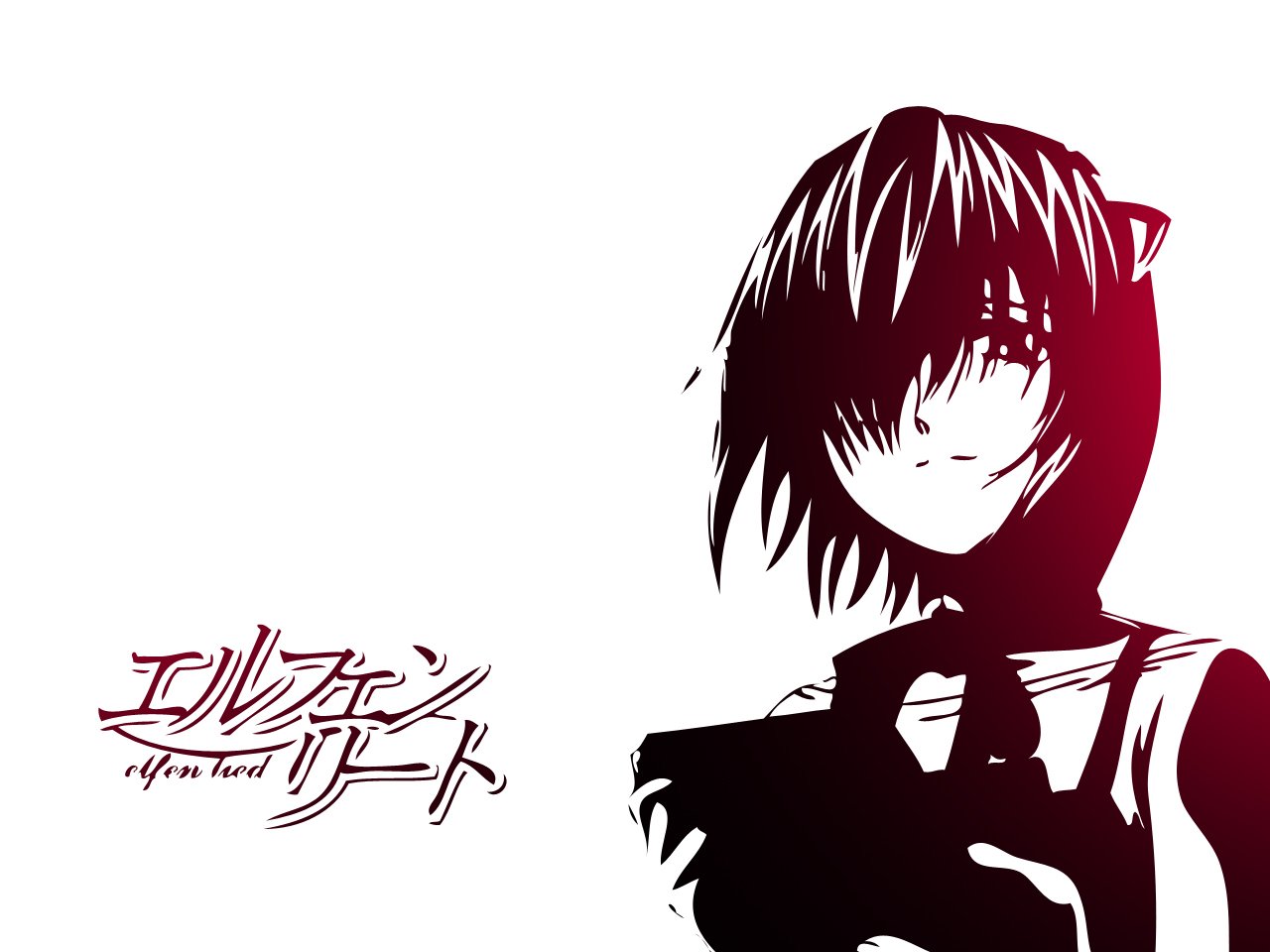 Stylized silhouette of Lucy from the anime Elfen Lied with dark hair and a faint smile, accompanied by the Elfen Lied logo in Japanese and English.