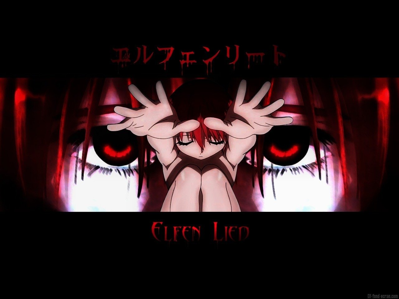 A dramatic image of Lucy from the anime Elfen Lied. She is portrayed with eerie red eyes and an expressive pose, set against a dark background featuring the show's title.